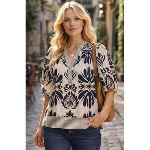 She & Sky Navy Cream Floral Print Blouse Striped Trim Boho Top Size Small